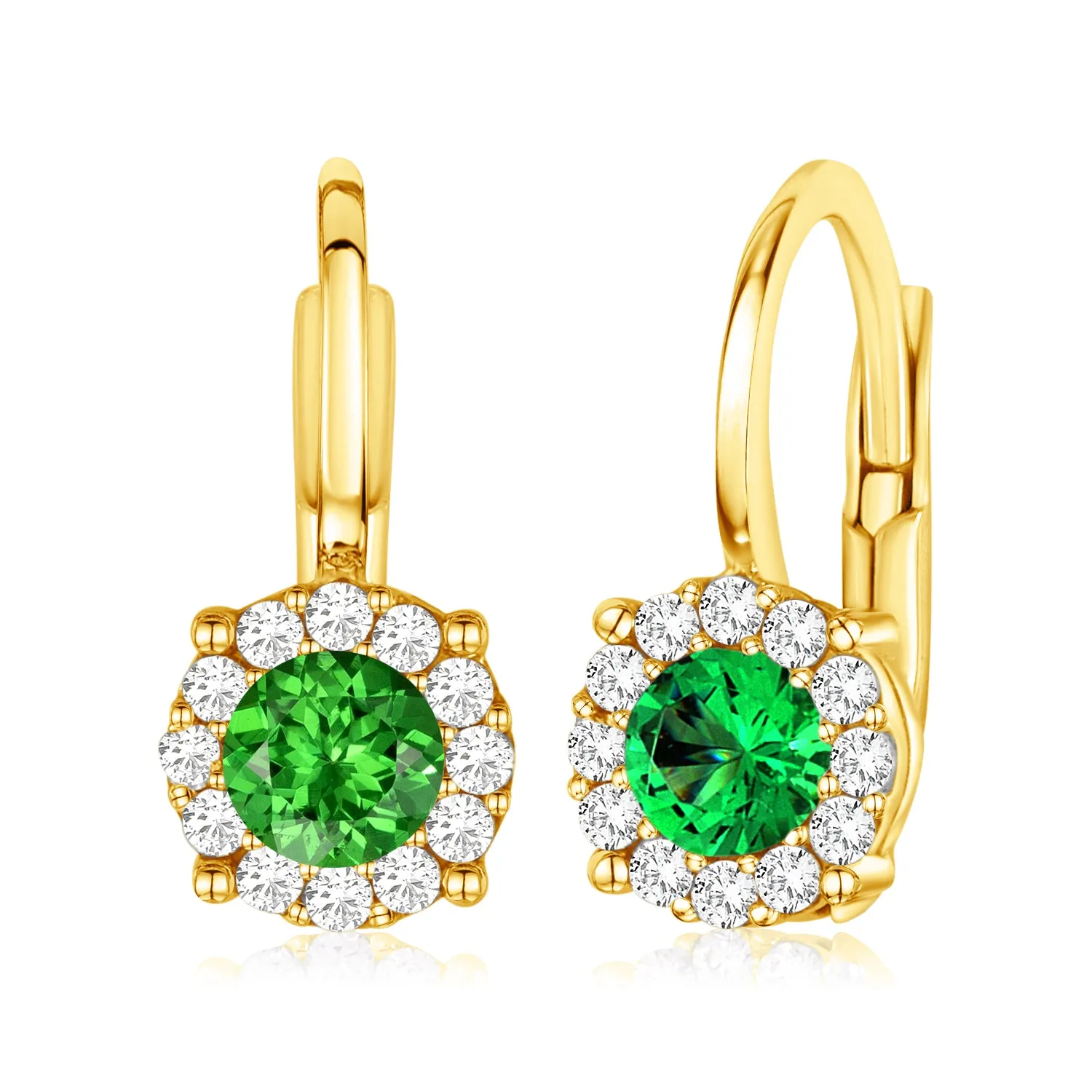 Halo Leverback Earrings in 14K Yellow and White Gold with Simulated Gemstone