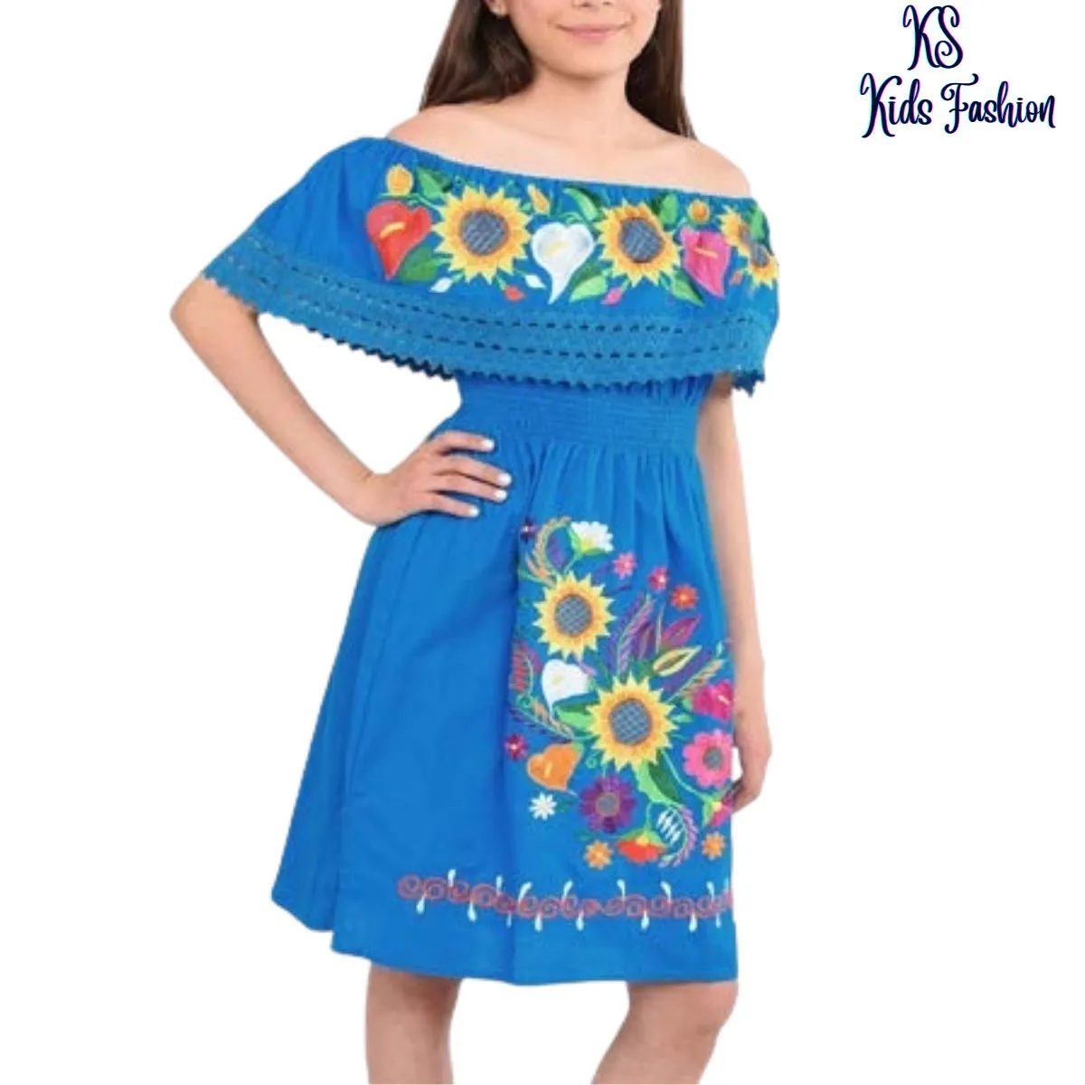 Vestido Bordado de Niña KS-77395 Blue - Embroidered Dress for kids