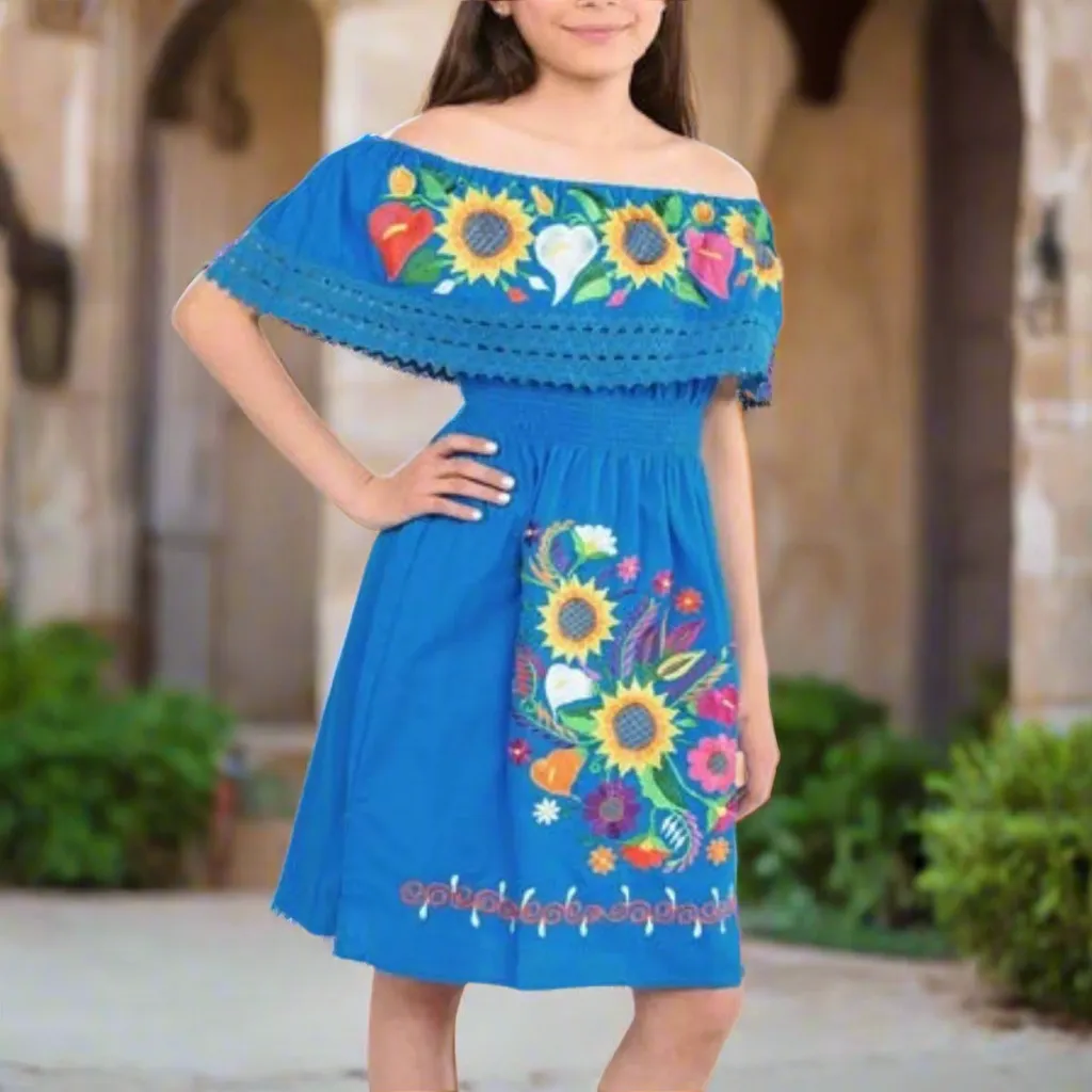 Vestido Bordado de Niña KS-77395 Blue - Embroidered Dress for kids