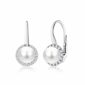 White Gold CZ Halo Leverback Earrings with Freshwater Cultured Pearl Italy by UNICORNJ