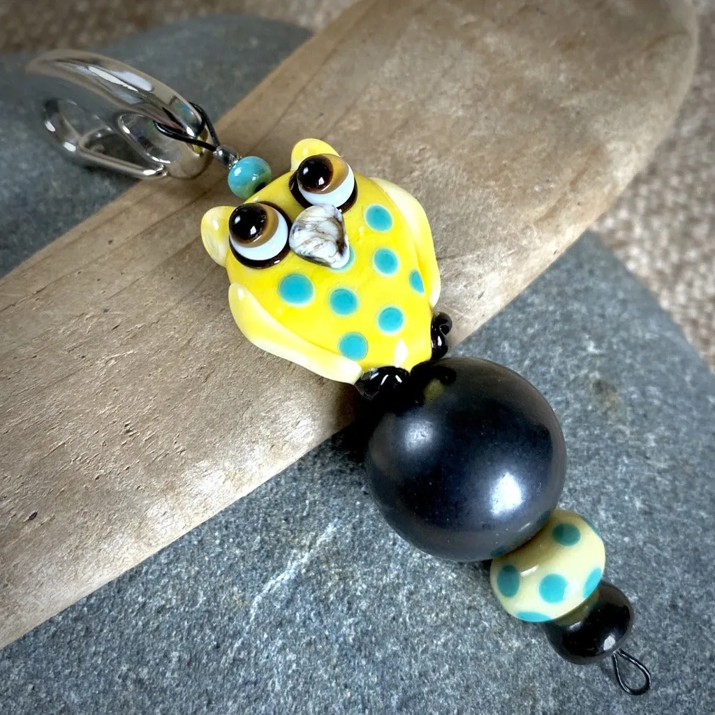 Yellow & Turquoise Owl Clip-on with Shungite and Lampwork Glass Bead