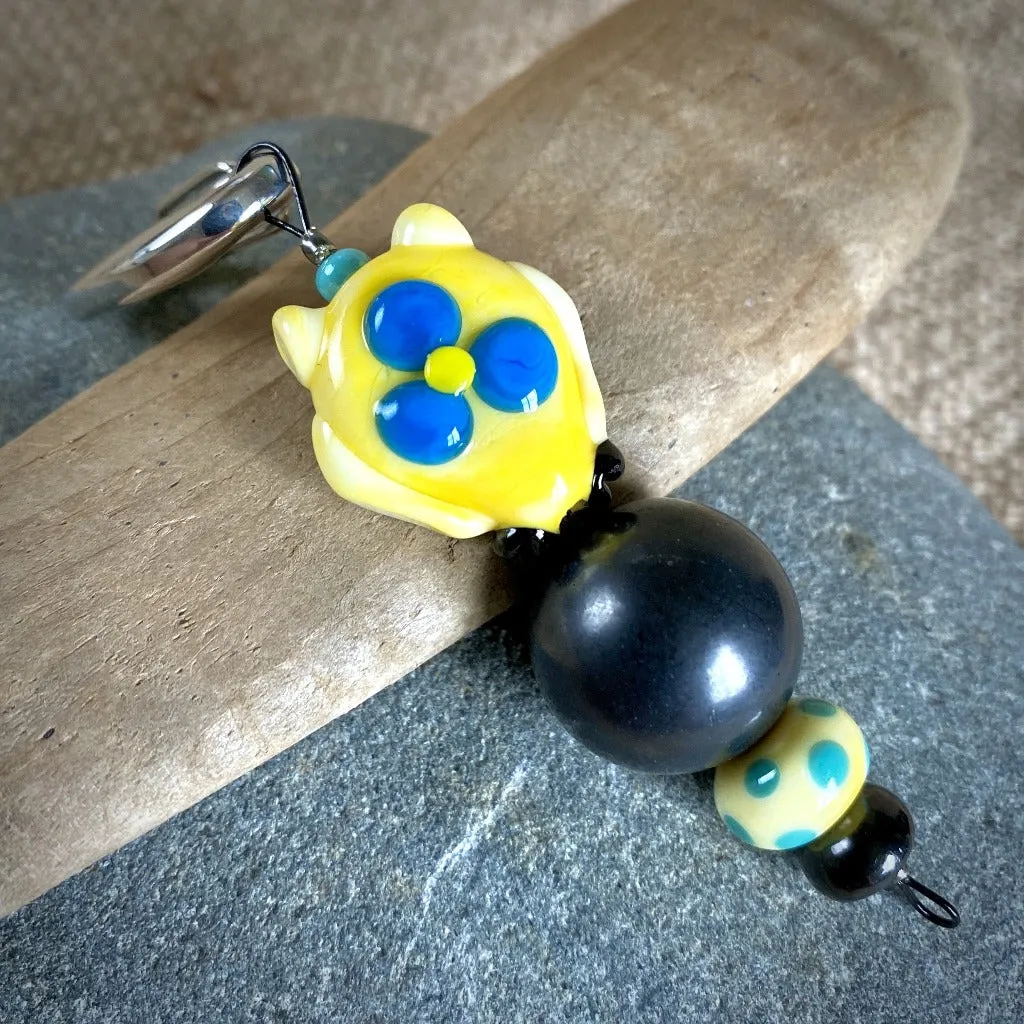 Yellow & Turquoise Owl Clip-on with Shungite and Lampwork Glass Bead