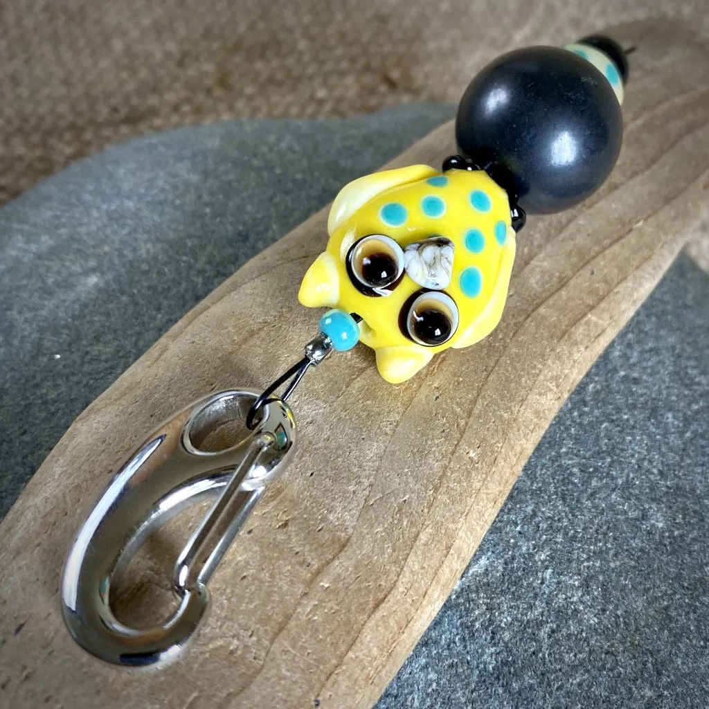 Yellow & Turquoise Owl Clip-on with Shungite and Lampwork Glass Bead