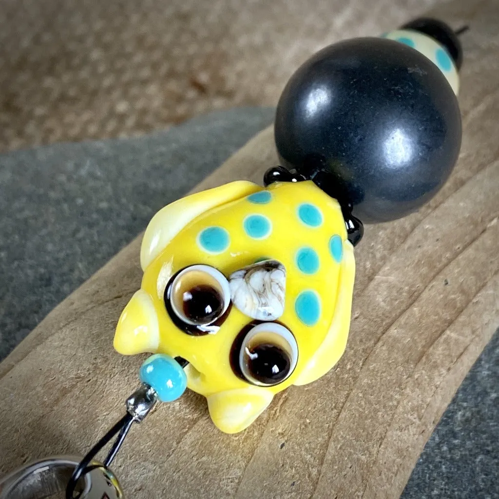 Yellow & Turquoise Owl Clip-on with Shungite and Lampwork Glass Bead