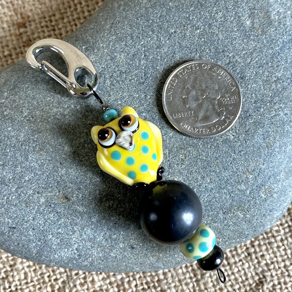 Yellow & Turquoise Owl Clip-on with Shungite and Lampwork Glass Bead